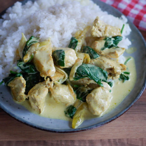 Poulet au curry et riz sur assiette.