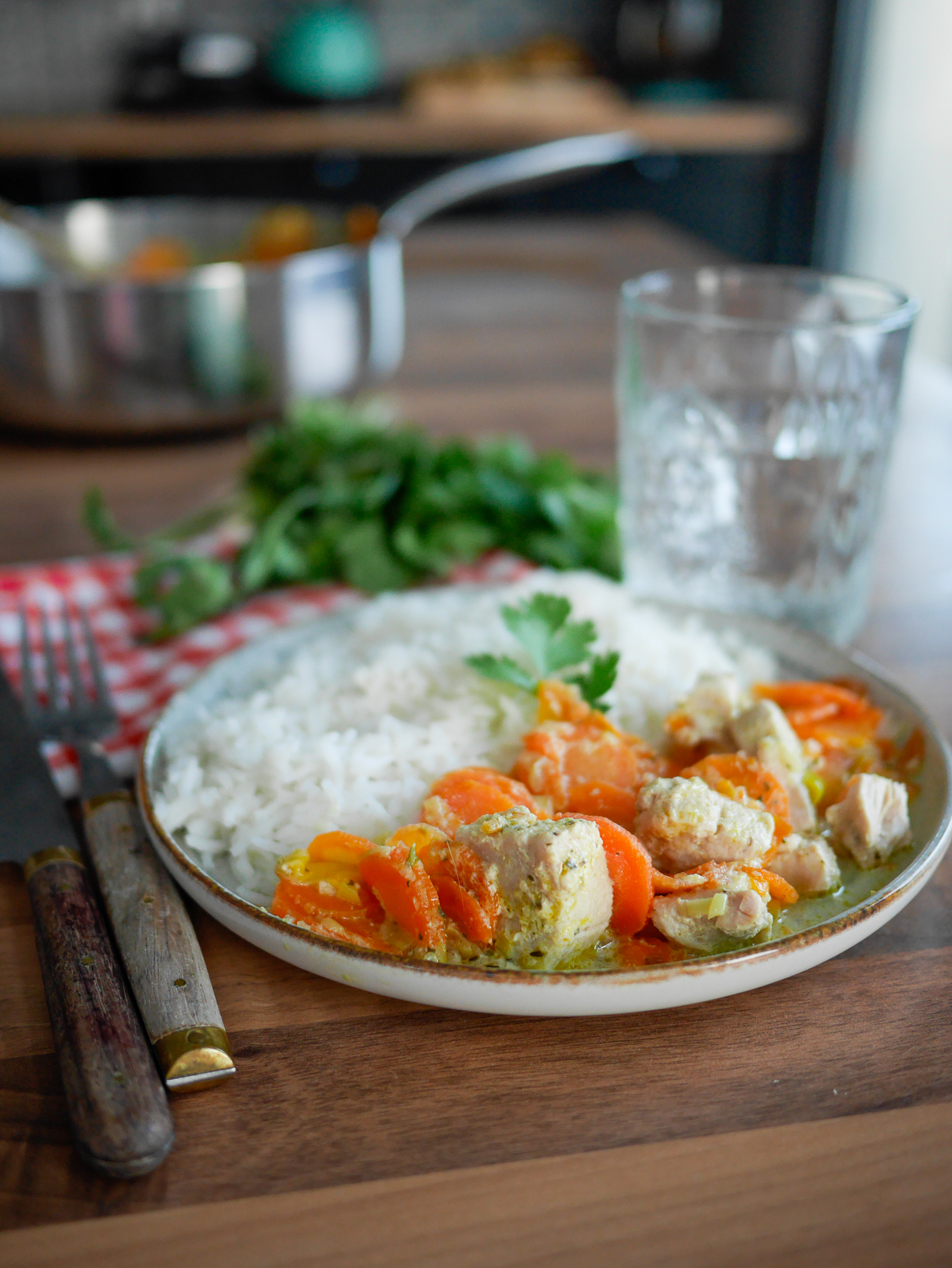 Poulet aux carottes et riz blanc servi sur table.