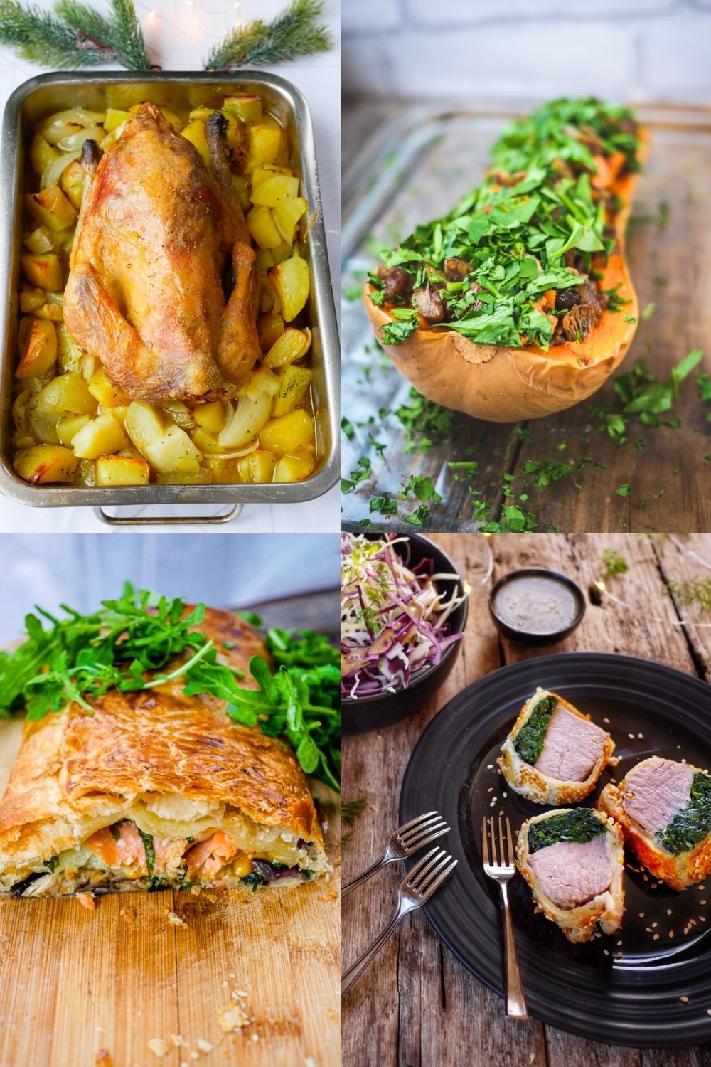 Collage de plats festifs : volaille, potimarron, Wellington