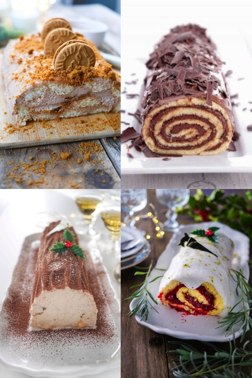 Assortiment de bûches de Noël, différentes saveurs et décorations.