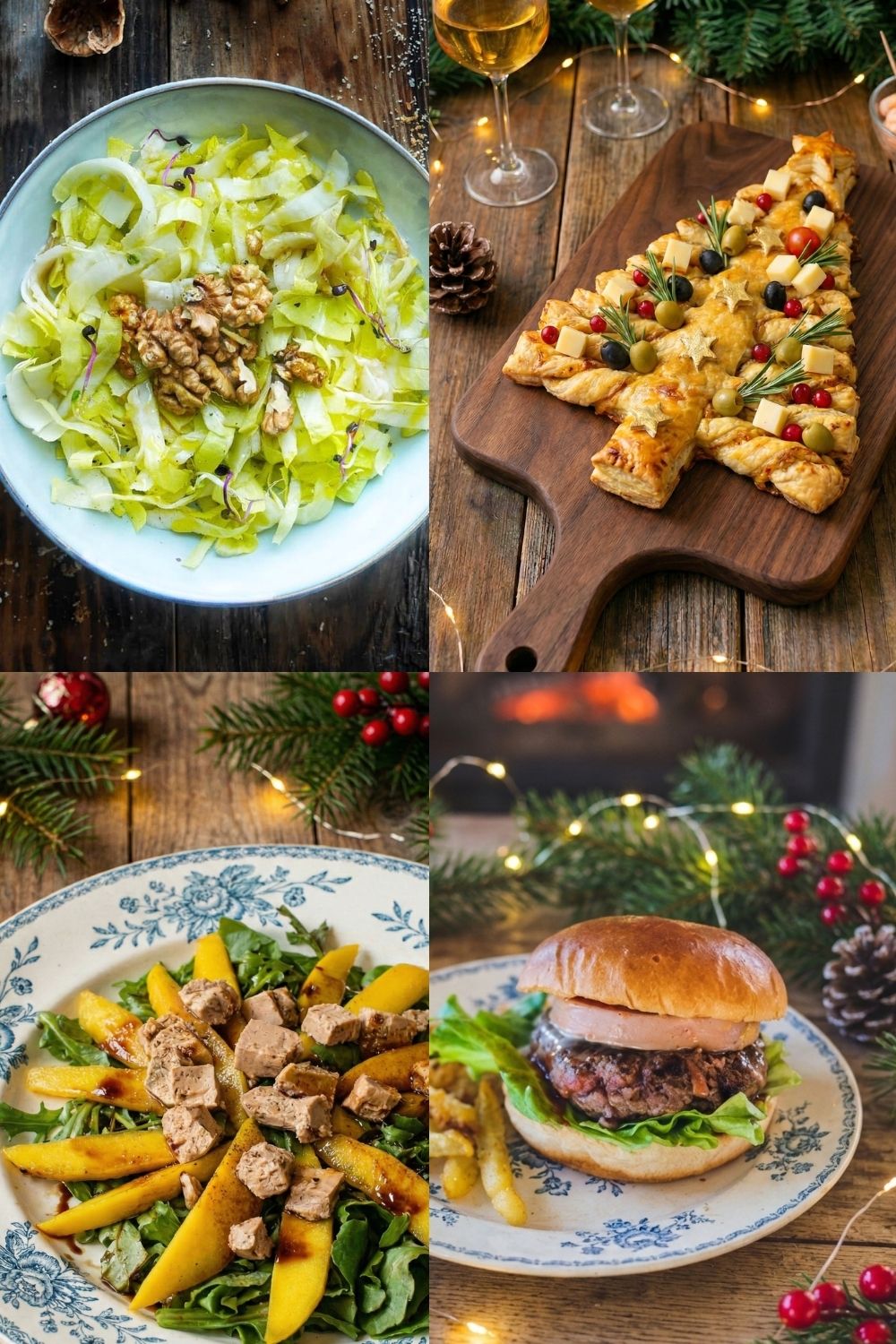 Collage de plats de fête : salade, sapin, foie gras, burger