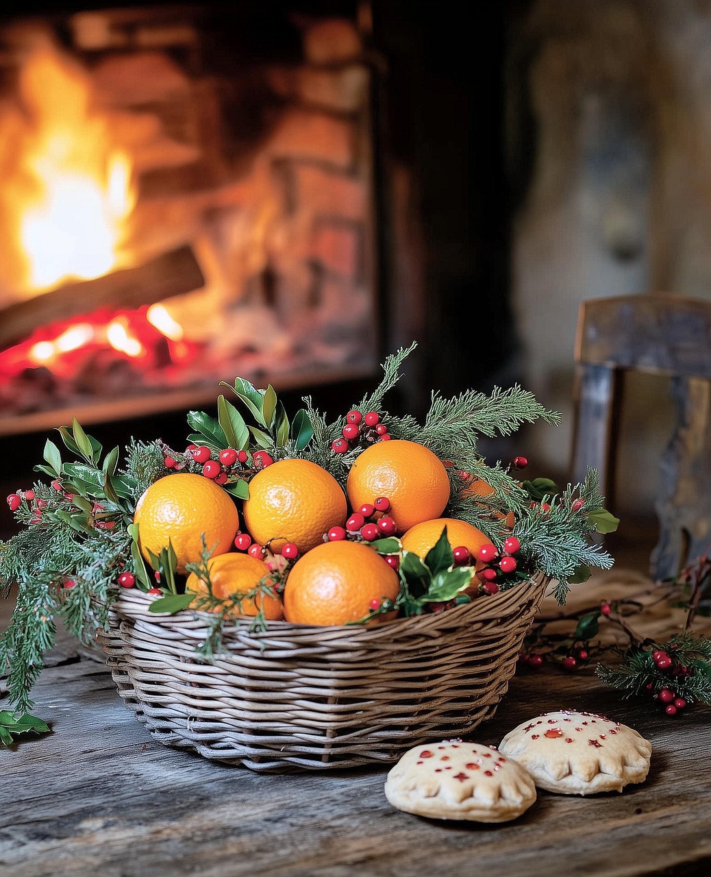 Panier d'oranges et pâtisseries devant une cheminée allumée
