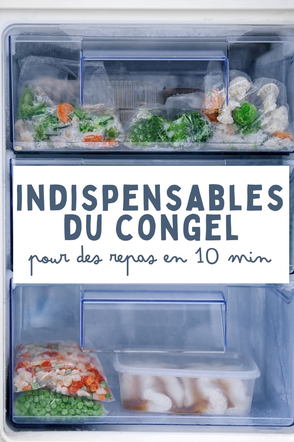 Congélateur rempli d'aliments surgelés pour repas rapides.