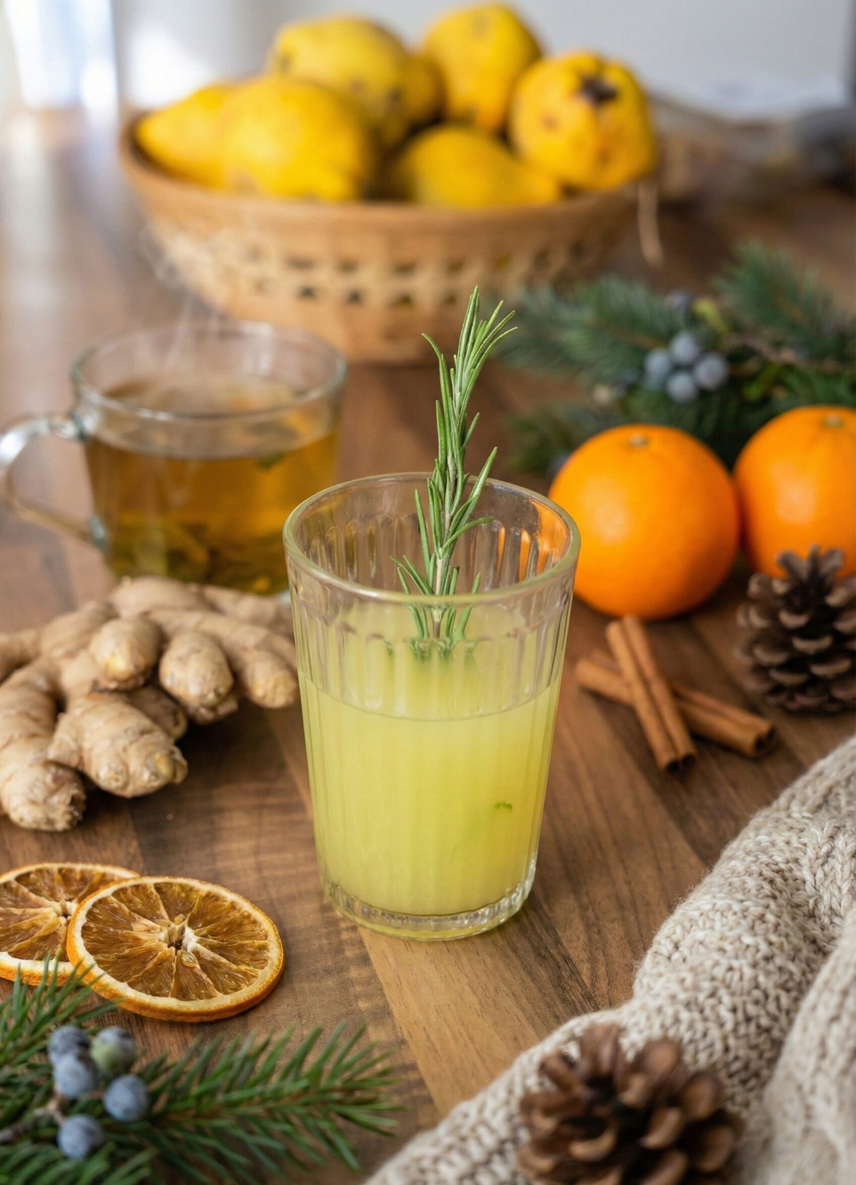 Boissons hivernales: thé, jus, fruits, épices, décoration festive