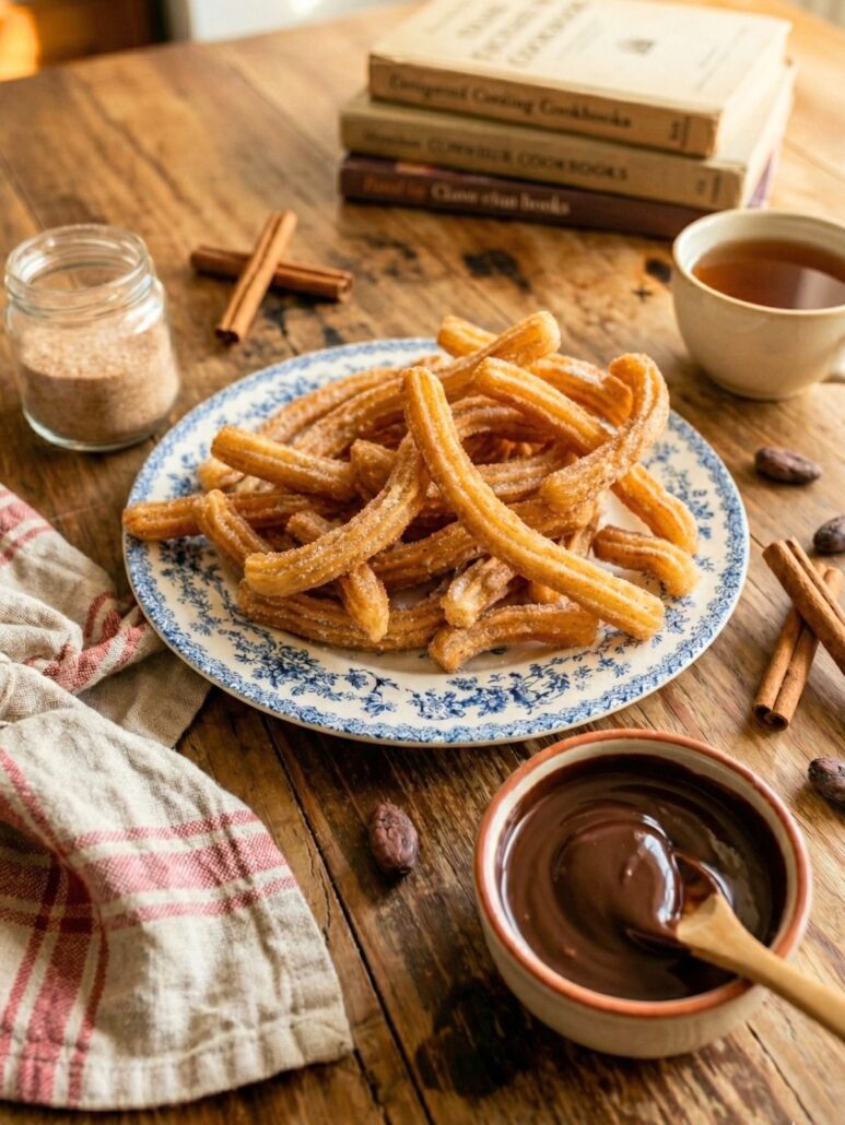 assiette de churros dorés et croustillants posés sur une table de goûter