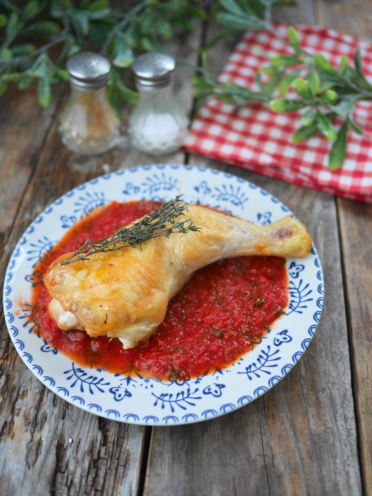 Assiette avec une cuisse de poulet à la sauce tomate