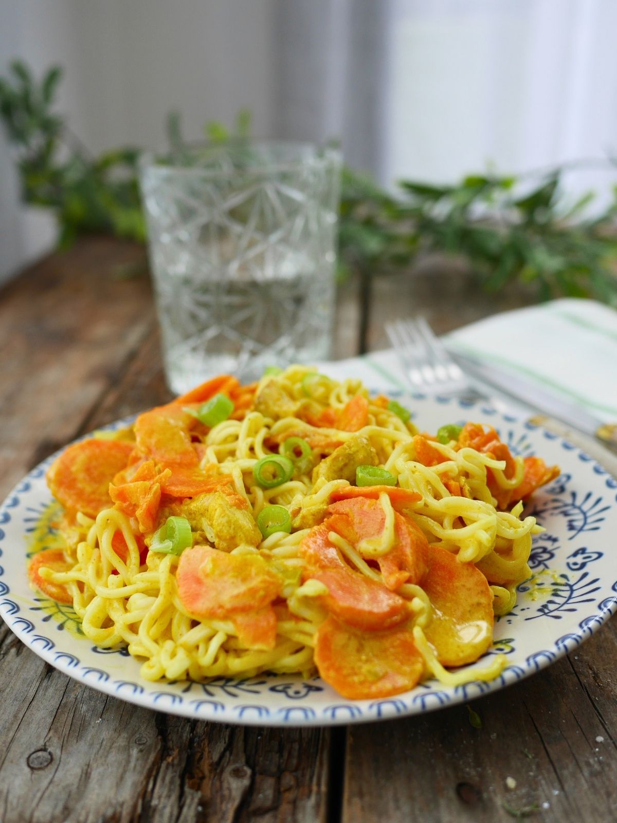 Assiette de nouilles au wok dinde et carottes au curry
