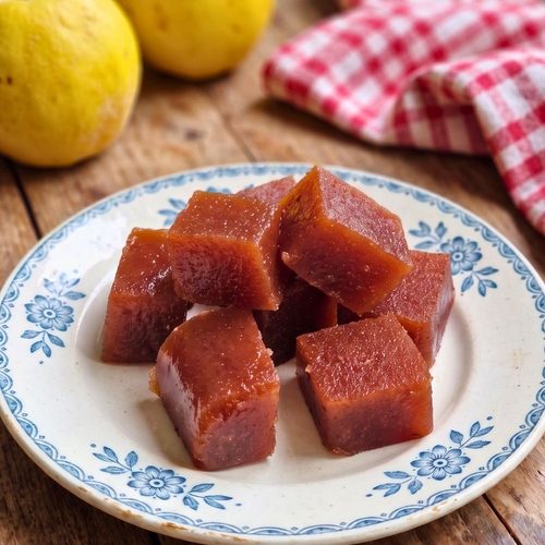 morceaux de pate de coing posés dans une assiette blanche à motifs bleus